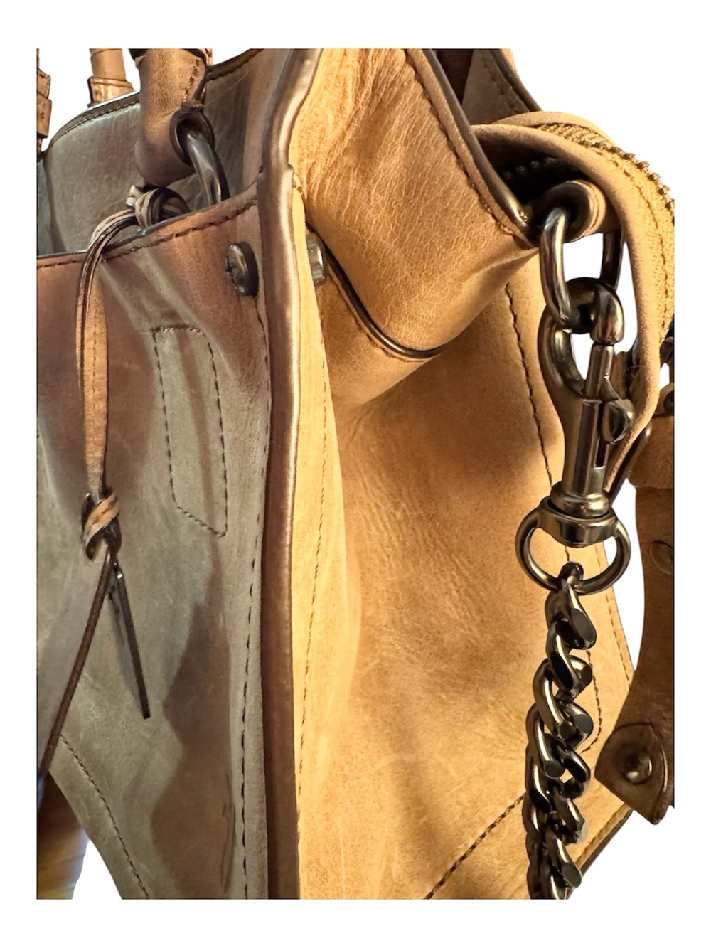 Frye Demi Leather Satchel Crossbody Bag Boho Taupe Gray Like New with Care Tags - Picture 8 of 11